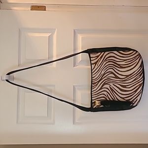 BLACK CACHE SHOULDER BAG WITH BROWN ZEBRA PRINT FAUX FUR